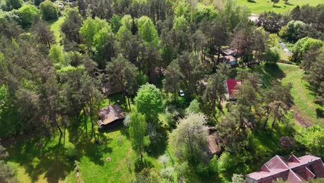 casas ocultas ubicadas en un exuberante bosque verde lituano, vista aérea