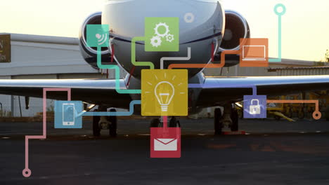 animación de conexiones con iconos y procesamiento de datos digitales sobre el avión