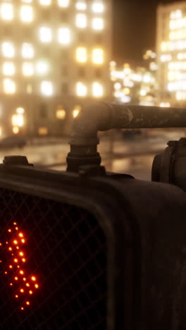 red light at a crosswalk in the city at night