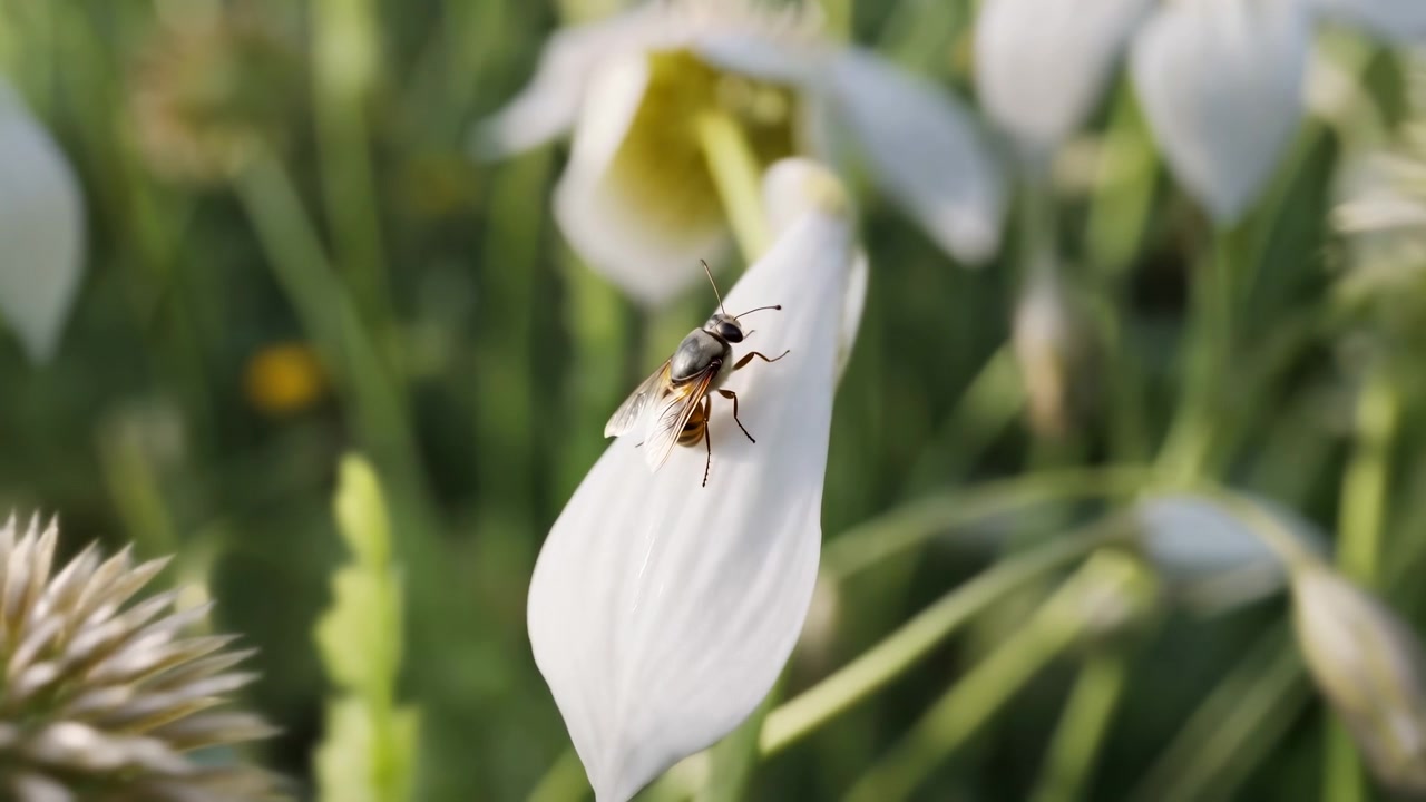 Ape in primo piano su petalo bianco, delicata scena di giardino primaverile con sfondo verde sfocato, impollinatore che raccoglie