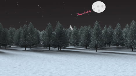 Papá-Noel-En-Trineo-Tirado-Por-Renos-Sobre-El-Paisaje-Invernal-Contra-La-Luna-En-El-Cielo-Nocturno