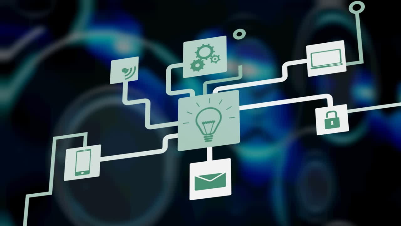 Animation of network of connections with icons over digital screens