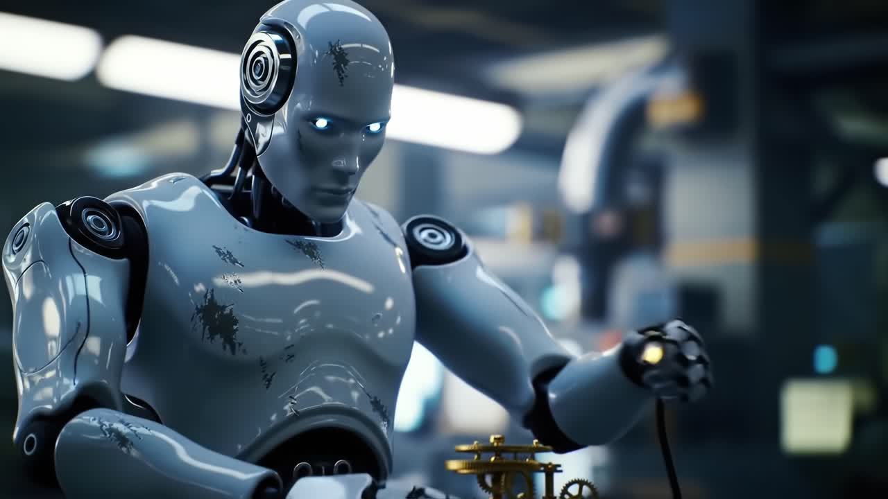 A futuristic humanoid robot with glowing eyes engages in intricate mechanical tasks, showcasing advanced technology and innovative design in a high-tech environment