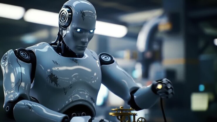 Un robot umanoide futuristico con occhi luminosi è impegnato in complesse operazioni meccaniche, mettendo in mostra tecnologia avanzata e design innovativo in un ambiente high-tech