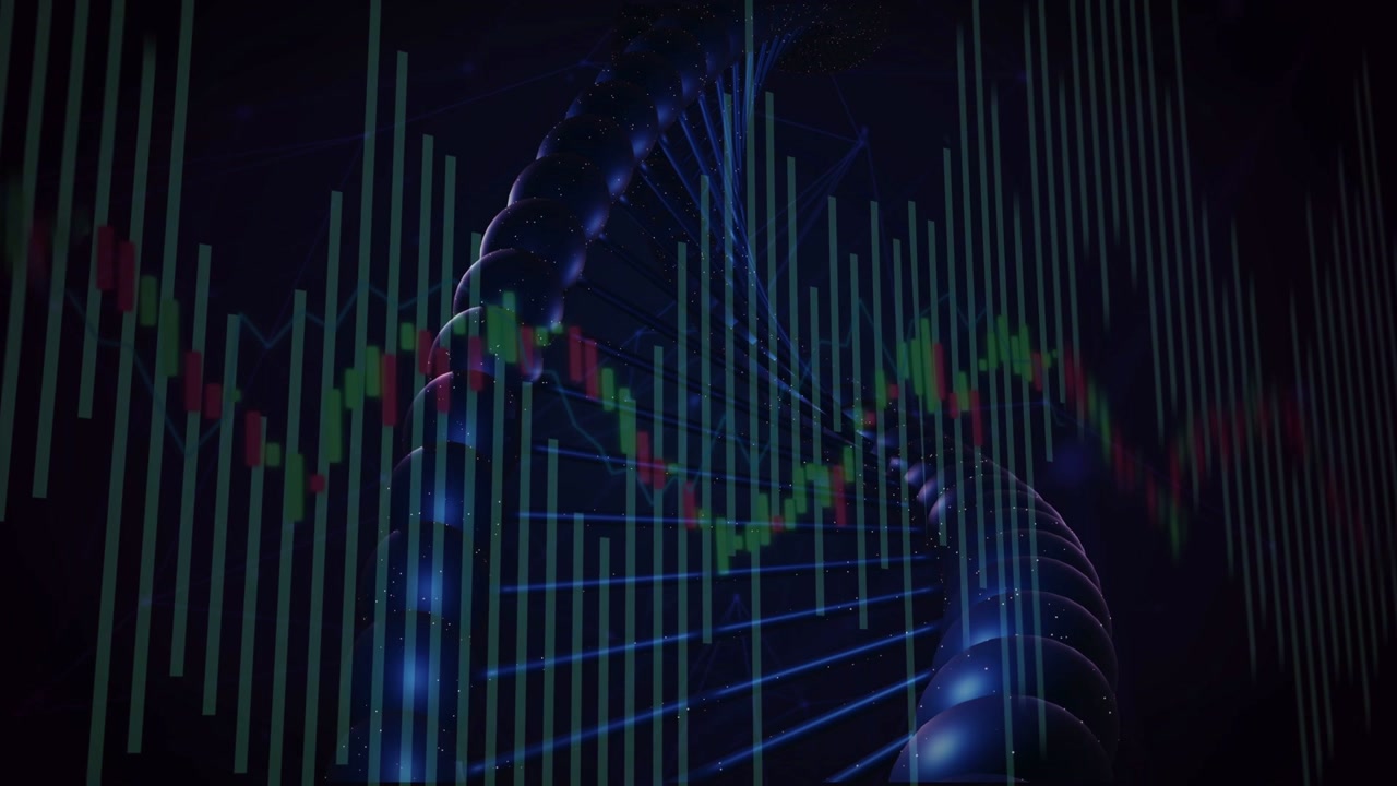 Pale green bars appearing, blue helix revealing and growing, price trace fluctuating, showing data