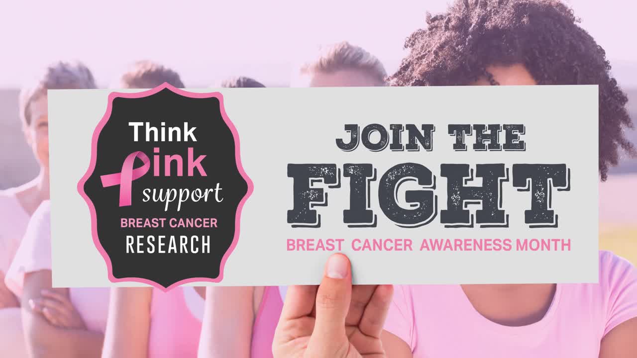 animación del logotipo de la cinta rosa y el texto del cáncer de mama sobre un grupo de un grupo diverso de mujeres
