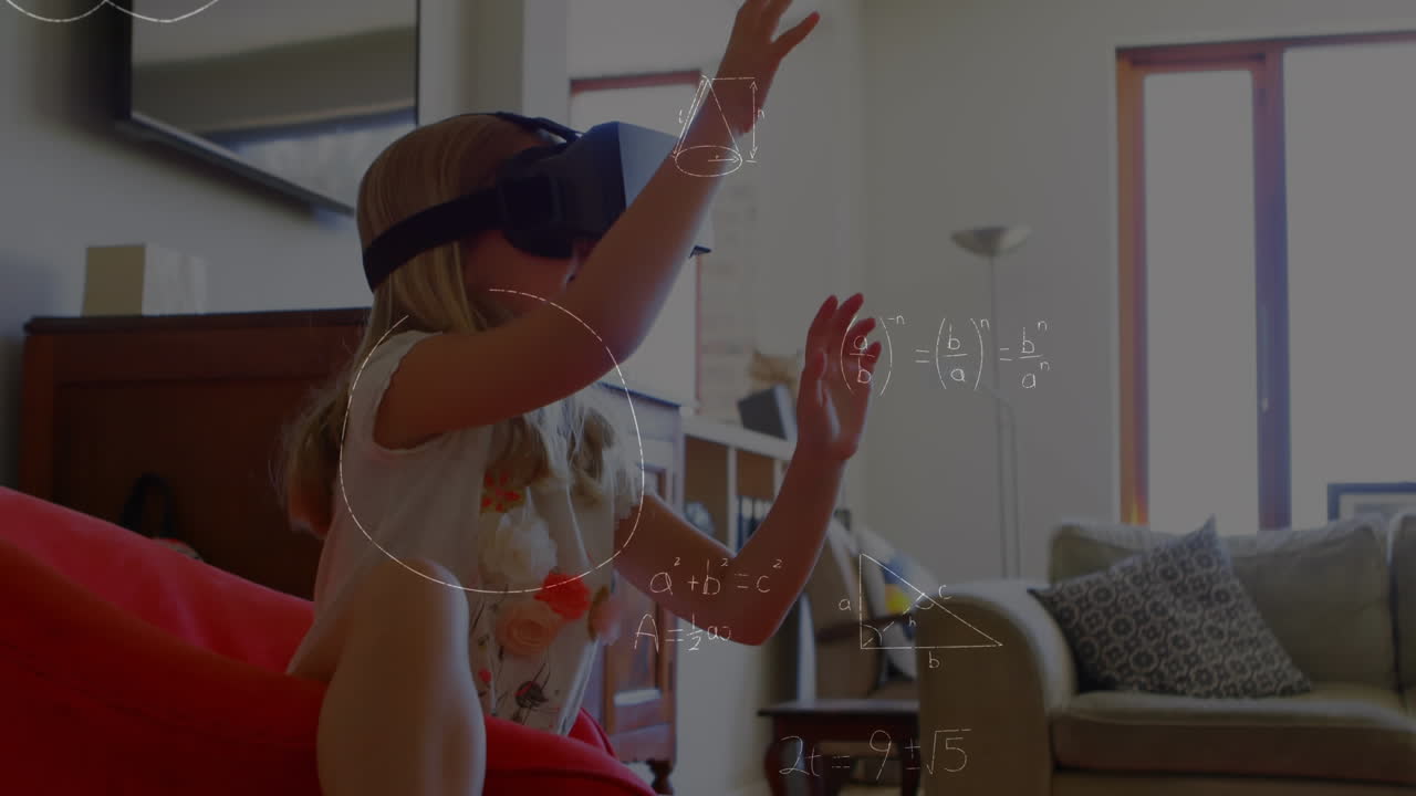 Animation of mathematical drawings and equations over toddler wearing vr headset