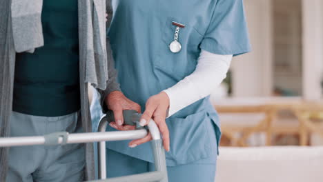 nurse, physiotherapy and hands of woman on walker