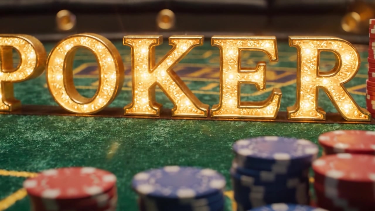 Un'accattivante esposizione di fiches da poker e un'insegna luminosa del poker che cattura l'essenza dei giochi di carte ad alto rischio in un'atmosfera vibrante da casinò