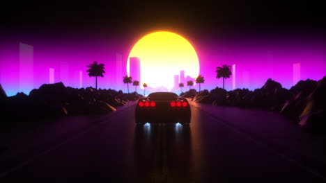 retro 80s synthwave sunset cityscape