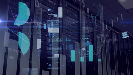 animación del procesamiento de datos y diagramas sobre la sala del servidor