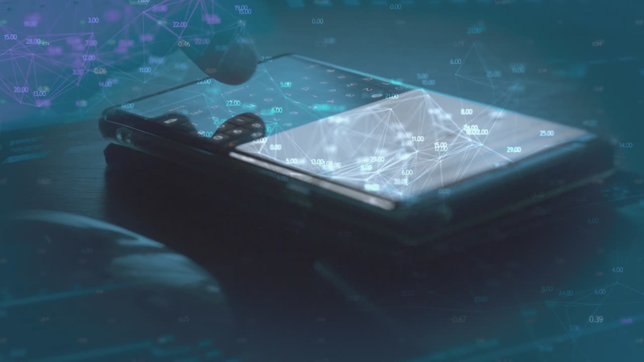 휴대 전화 사용: 자외선 파란색의 창의적인 생생한 색상; 사람의 손은 터치 스크린을 사용합니다.