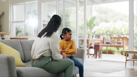 mother, discipline and child angry in home