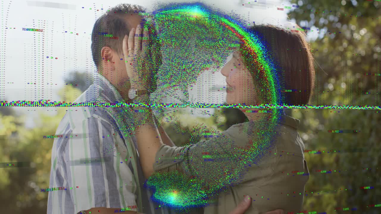 Woman lifting chin, cupping face and embracing to show love, tech glitch bands obscuring faces
