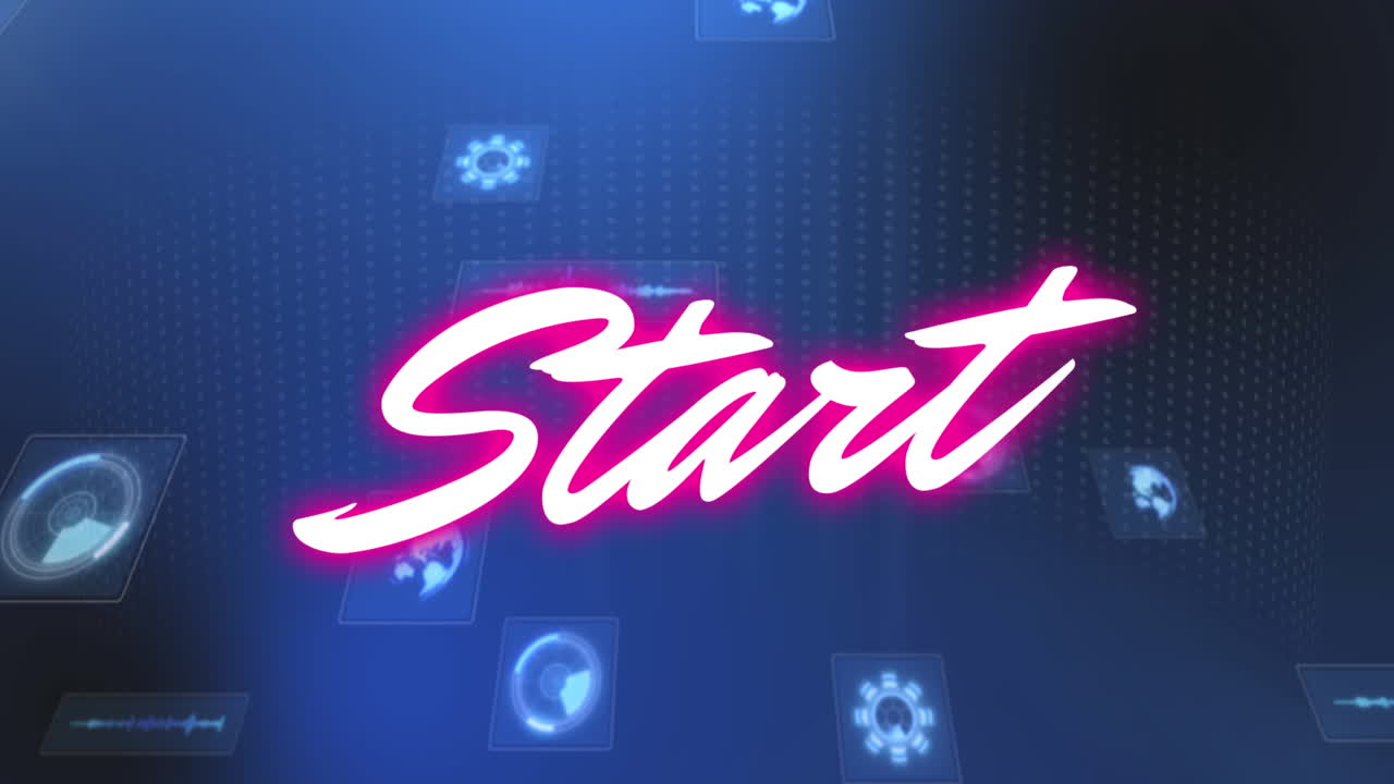 Animation of start text and data processing on blue background