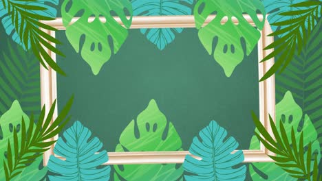 animation of tropical plant leaves and gold frame on green background