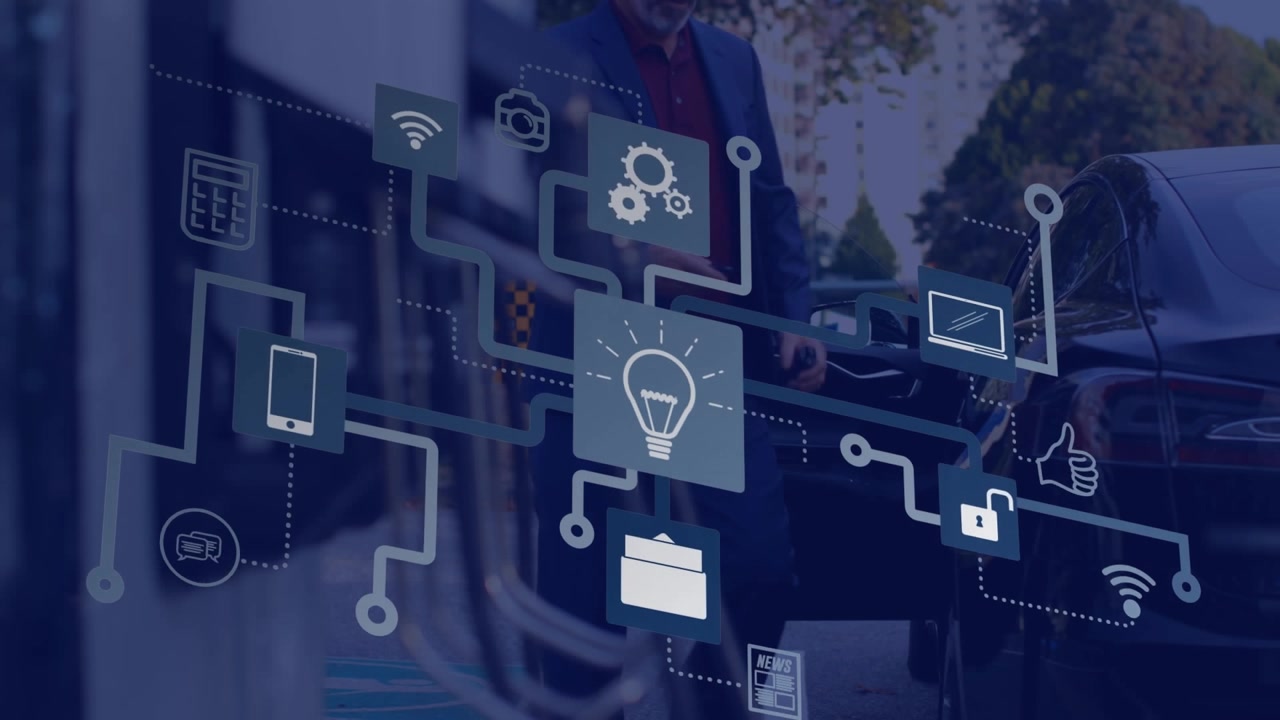 Animation of digital icons and scope scanning over businessman with electric car