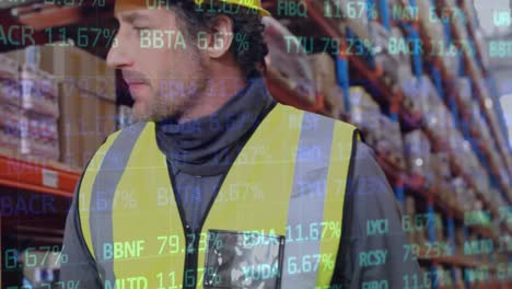 animation of stock market over people working in warehouse