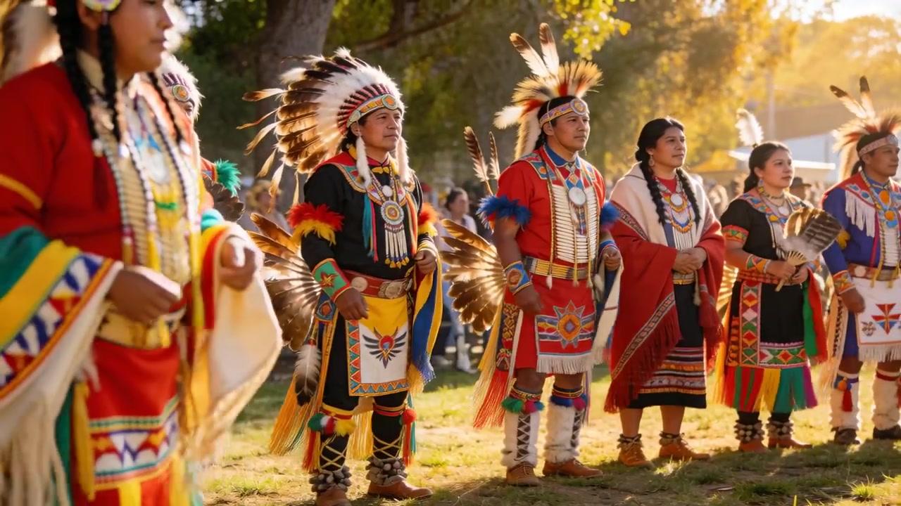 Eintretender indigener Tänzer, Reihe schaut Tanz im Park zu, Festkleidung und Fächer ehren Älteste.