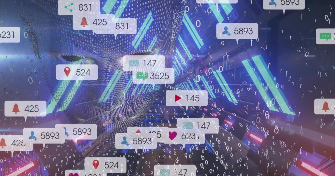 Animation of social media icons over human head model against tunnel in seamless pattern