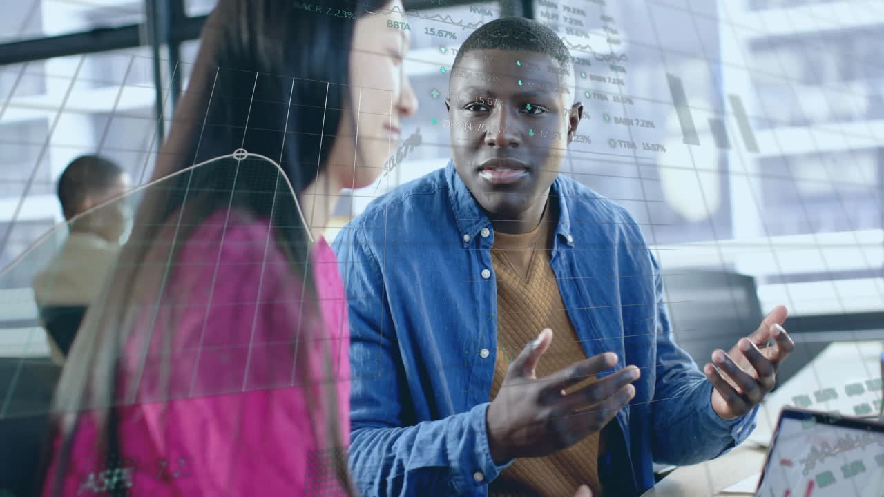 Animation of financial data processing over diverse businesspeople in office