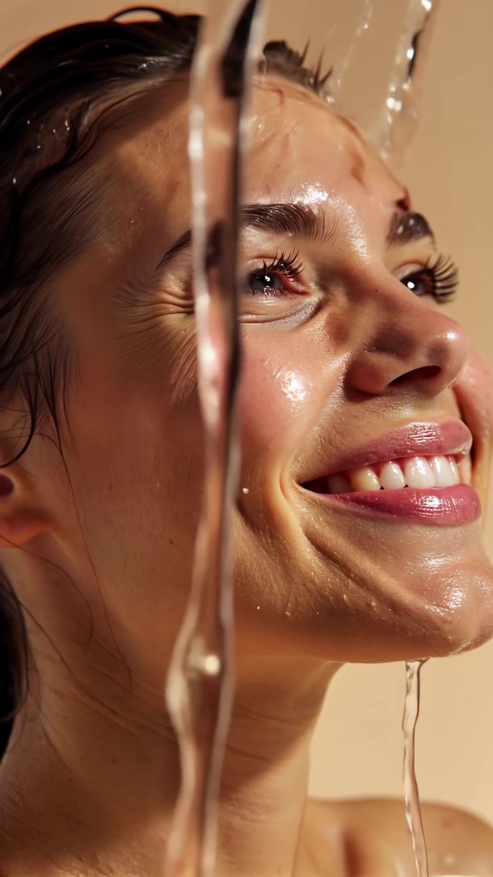 Close-up of a Smiling Woman with Water Cascading Over Her Face