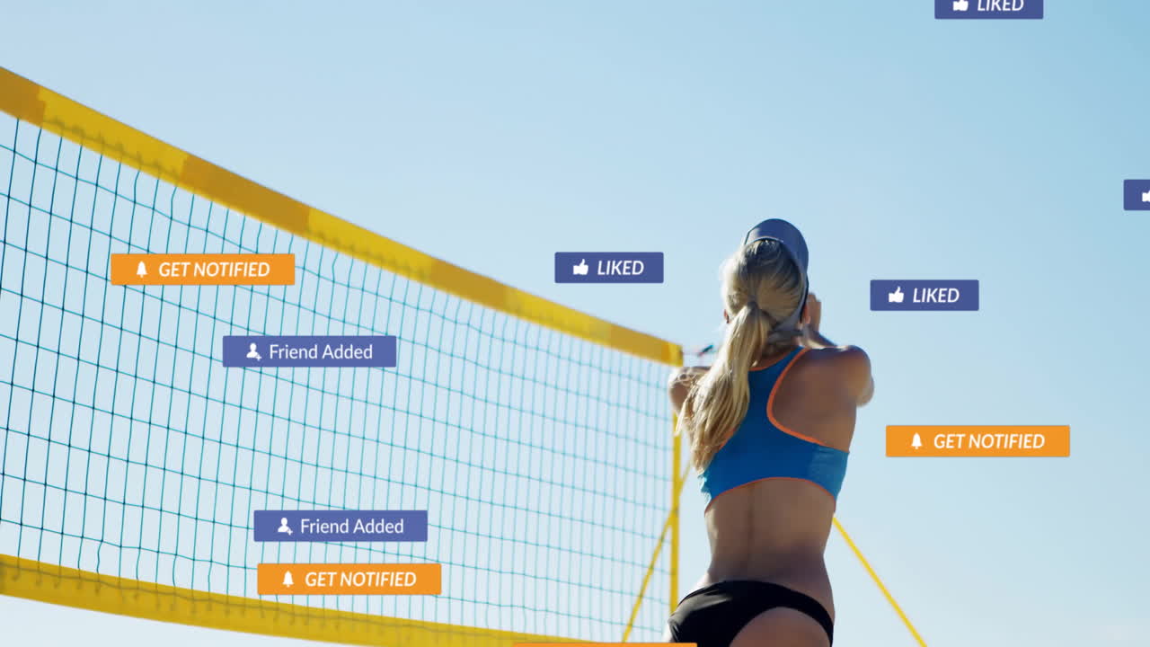 Jumping volleyball player with animation of social media notifications in background