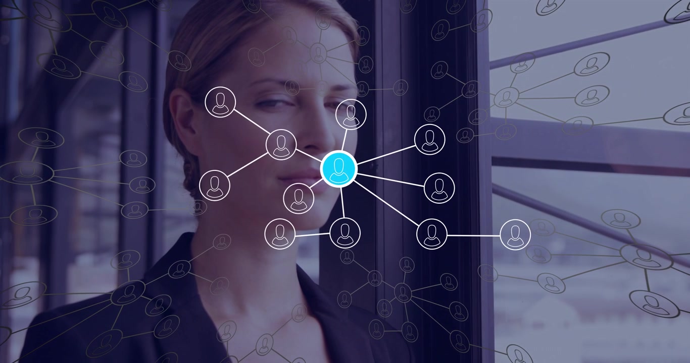 Woman by window watching network appearing over face, blue node expanding, signaling tech insight