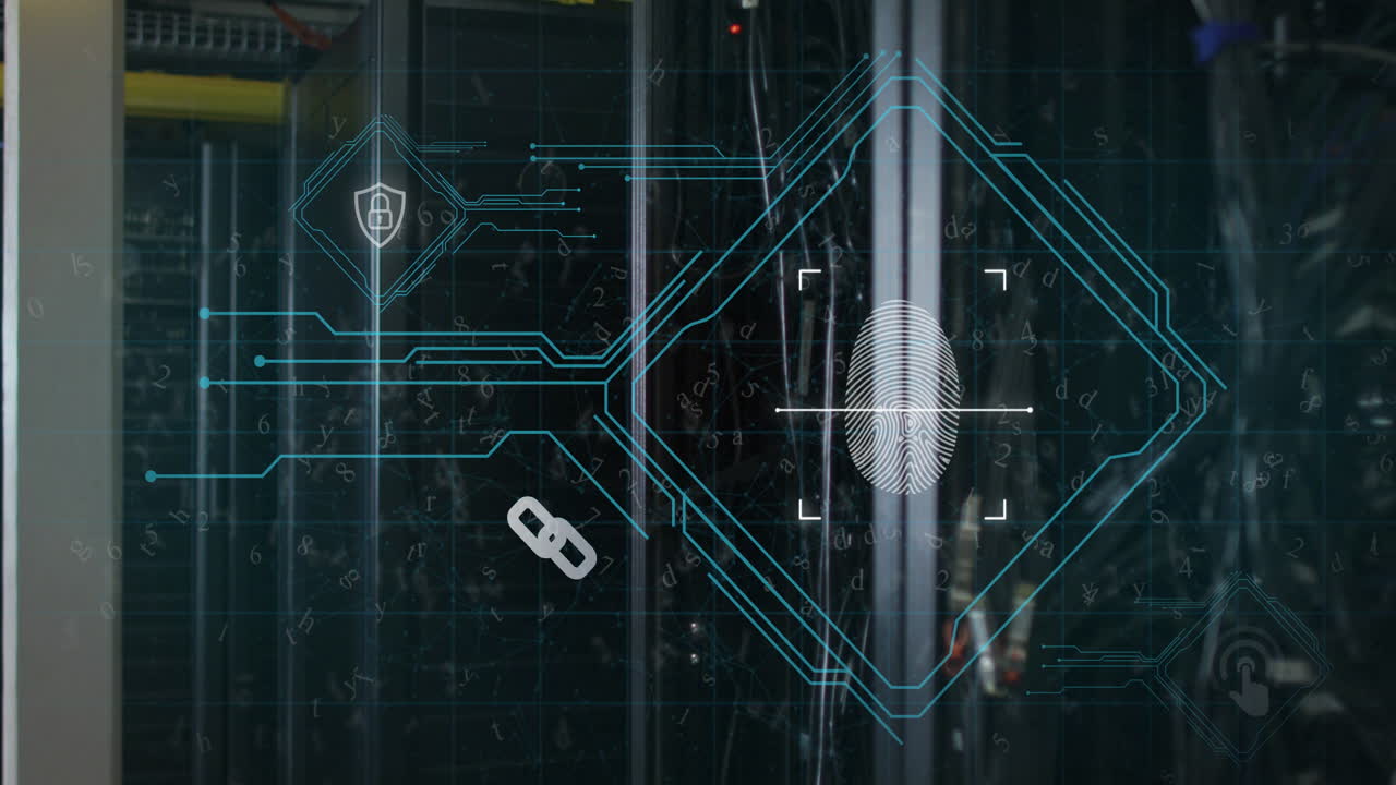animación de la interfaz con el escáner biométrico de huellas dactilares contra la sala de servidores de computadoras