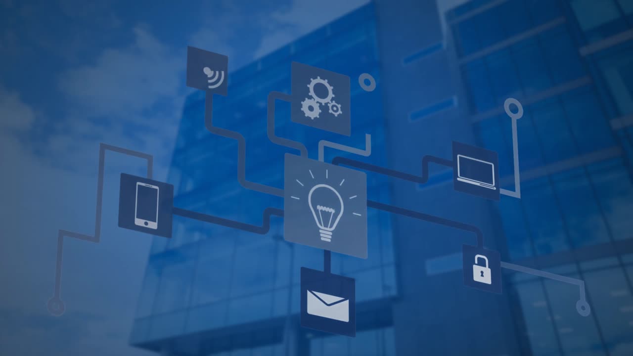 하늘의 구름에 대한 높은 건물 위의 디지털 아이콘 네트워크의 애니메이션