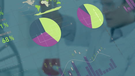 In school, animation of colorful pie charts overlaying professionals analyzing data