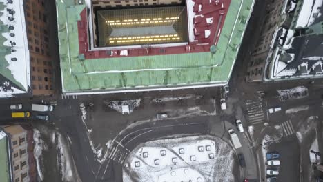 Historical-vibrant-and-colourful-buildings-in-Stockholm,-Sweden-as-seen-from-a-birds-eye-perspective