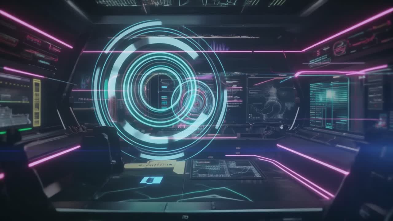 Futuristic Cockpit with Holographic Displays and Neon Lights