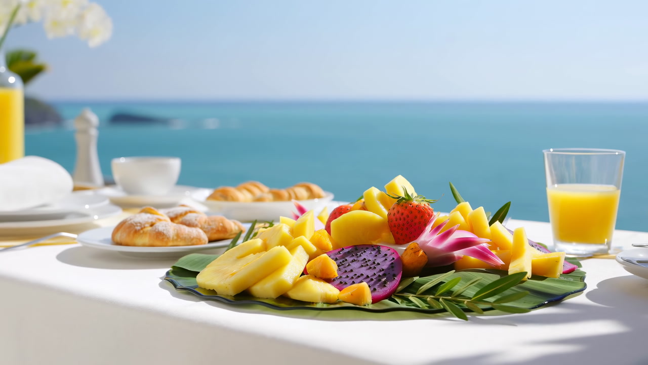 Tropical Breakfast with Fresh Fruit and Croissants Overlooking the Ocean