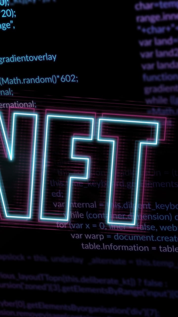 Animation von NFT über Datenverarbeitung und schwarzem Hintergrund.