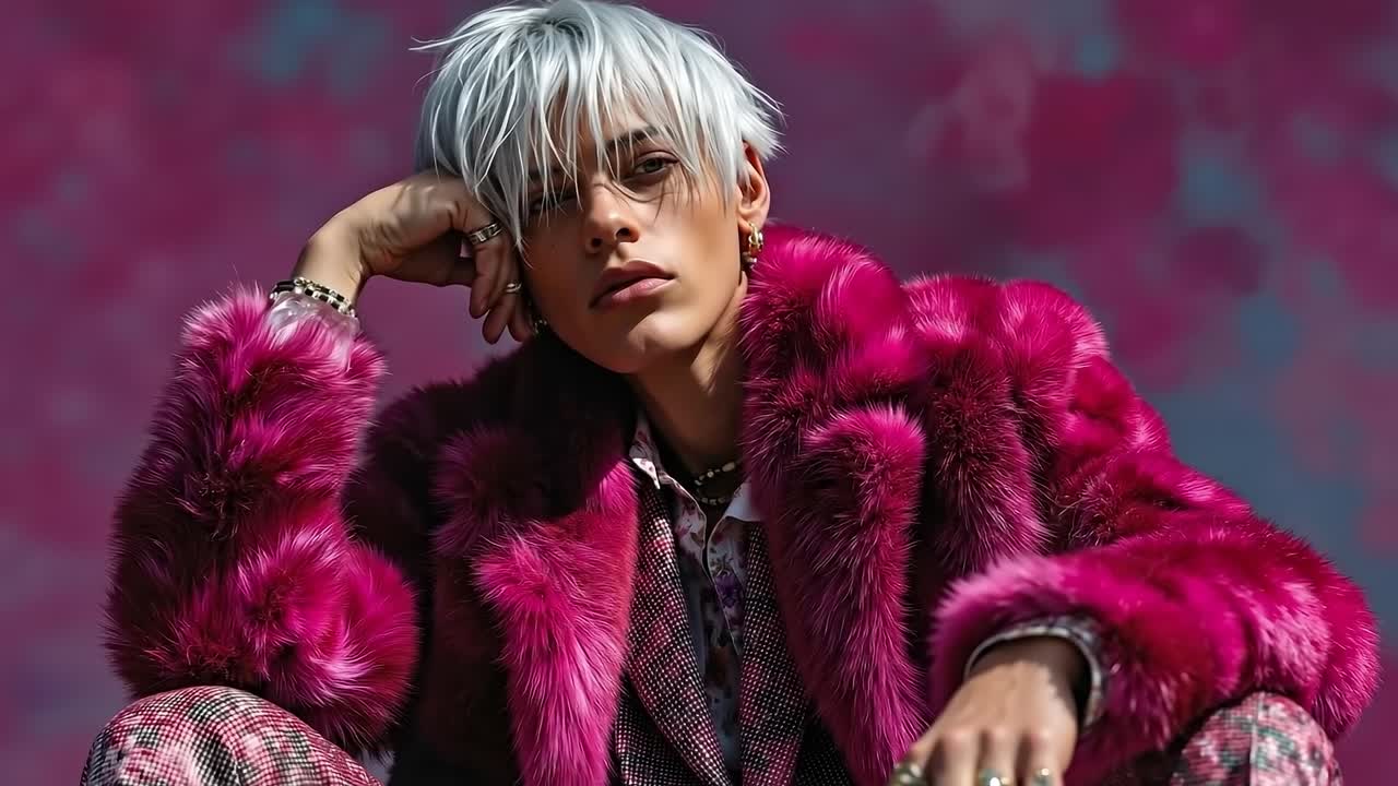 A woman in a pink fur coat talking on a cell phone