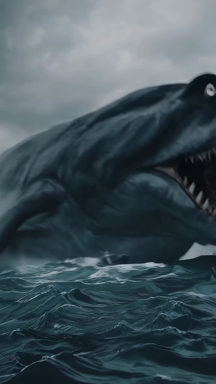 Colossal Sea Monster Emerges from Stormy Ocean Threatening Small Boat