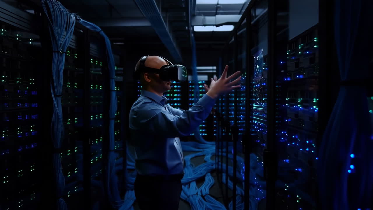 Man Interacting with Virtual Reality in a Data Center