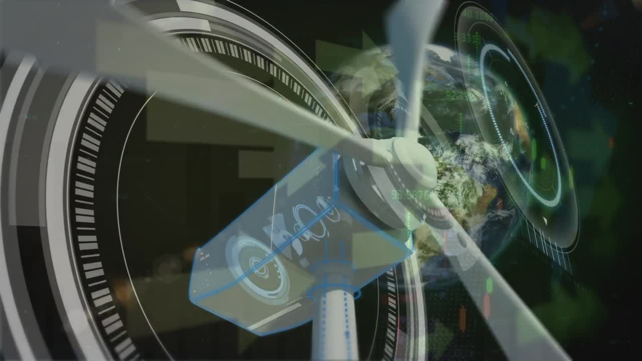 animación de escaneo de alcance con procesamiento de datos y turbina eólica sobre el globo y flechas