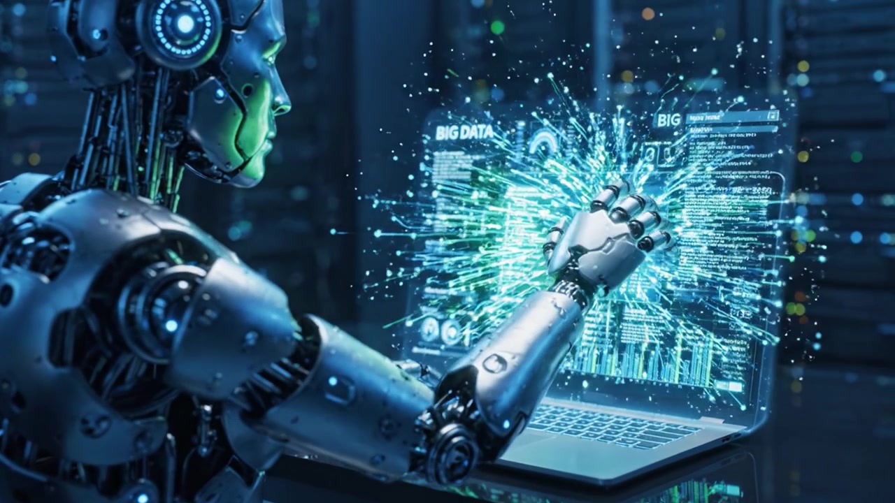 A Futuristic Robot Analyzing Big Data on a Laptop Surrounded by High-Tech Server Racks, Showcasing Advanced Technology and AI Capabilities