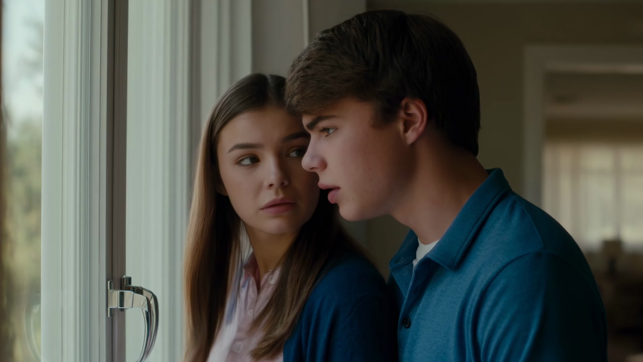 White Teens At Window, Worried. Close Interior Portrait Of Two White Adolescents Leaning On Windowsill, Soft