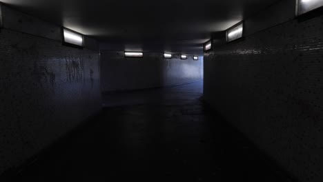 handheld footage of person walking scared through dim lit underpass towards light at end of tunnel with person coming towards