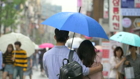 couple sharing blue umbrella