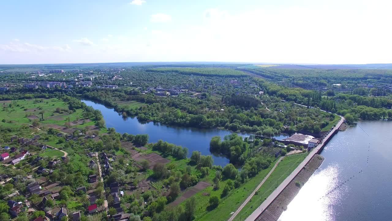 Aerial view of old dam. Aerial view of river landscape and old dam