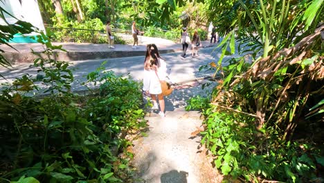 visitors walking through lush zoo pathways