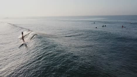 two-girls-surfing-with-longboards-on-one-ocean-wave-during-the-sunrise-in-Indonesia