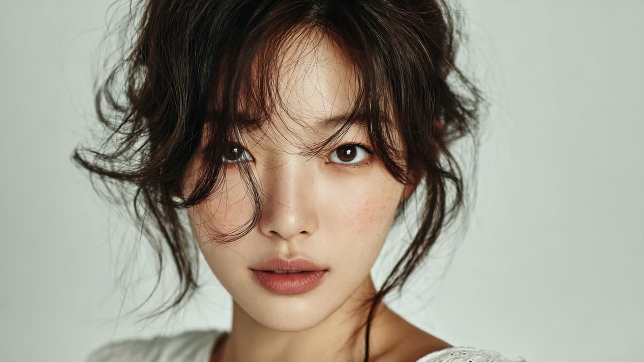 Captivating Portrait of a Woman with Natural Beauty: A Close-Up Focus on Intense Eyes and Elegant Hair, Showcasing Raw Emotion and Artistic Expression