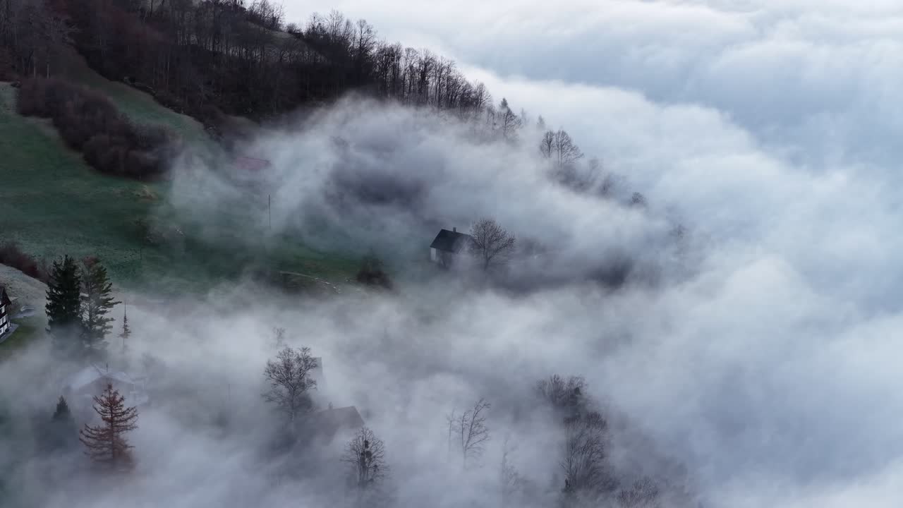 Walensee İsviçre yakınlarında sisle kaplı yamaç evleri ve ağaçlar.