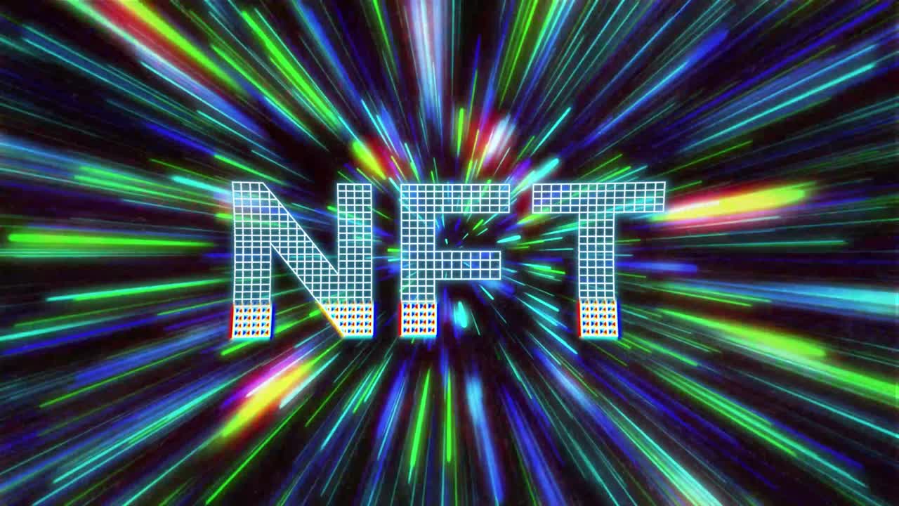 Holographic Neon NFT CryptoaArt Sign on Flowing Colorful Lines Animation. NFT Metaverse Concept. 4K