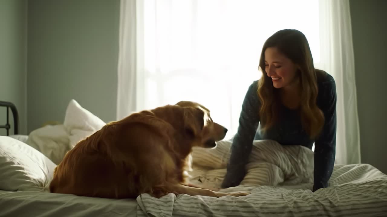 A woman enjoys a heartwarming interaction with her golden retriever while seated on a bed in a softly lit bedroom. The warmth of the morning sun enhances their joyful connection.